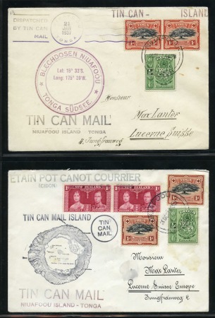 1937-38, Two "Tin Can Mail" covers from Niuafoou to Switzerland, one with mixed franking with NZ, a range of cachets on both sides