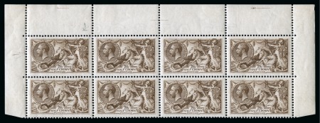 Stamp of Great Britain » King George V » 1913-19 Seahorse Issues 1918 Bradbury Wilkinson Seahorses 2s6d plive brown in mint top marginal block of eight from the top two rows of the sheet showing re-entries