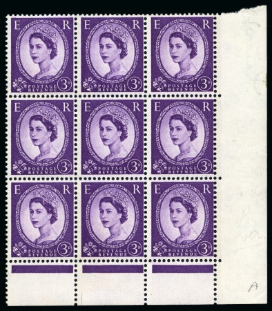 Stamp of Great Britain » Queen Elizabeth II 1959 Wildings 3d deep violet "Dollis Hill Phosphor Trial" perforated bottom corner marginal block of nine
