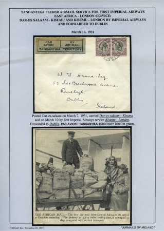 1931 (Mar 10) Imperial Airways first airmail service East Africa-London, group of three items
