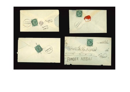 BUSHIRE: Four envelopes with QV 1/2a green tied by Bushire squared circles