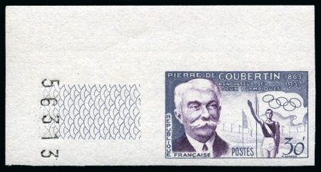 Stamp of Olympics » Pierre de Coubertin and the IOC FRANCE: 1956 30F Pierre de Coubertin imperf colour trial