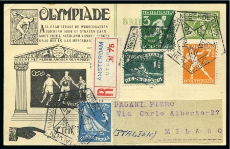 1928 Amsterdam 3c official postal stationery card by Huygens (Serie F.1) depicting FOOTBALL with "AMSTERDAM / STADION" registration label