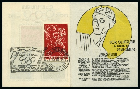 1944 Woldenberg POW Camp Olympic programme, 7.5x9cm, franked on the reverse with 10pf tied by the Olympic flag cancel