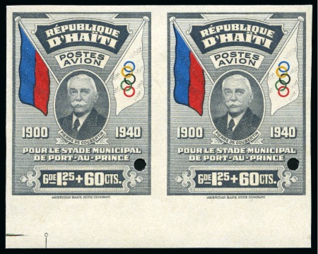 Stamp of Olympics » Pierre de Coubertin and the IOC HAITI: 1939 Pierre de Coubertin issue group on an album pages incl. set of three in mint nh imperf. proof lower marginal pairs