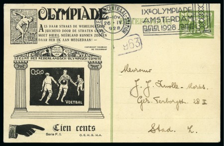 1928 Amsterdam 3c official postal stationery by Huygens depicting football with Olympics cancel