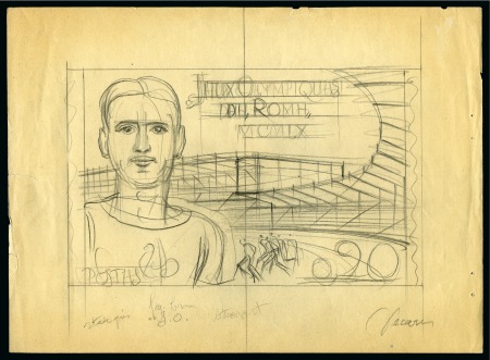 Stamp of Olympics » 1912 Stockholm Jean Bouin (5'000m silver medal winner) large hand-drawn essay in pencil of France's issue for the 1960 Rome Olympics