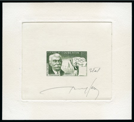 Stamp of Olympics » Pierre de Coubertin and the IOC FRANCE: 1956 30F Pierre de Coubertin sunken die proof in grey-green, with value removed