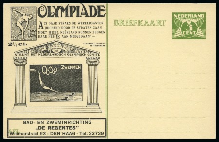 1928 Amsterdam 3c official postal stationery card by Huygens depicting Swimming