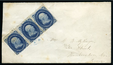 1861 1c dark blue, horizontal strip of three tied by
