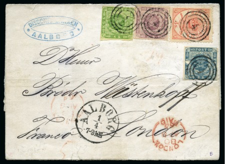 Stamp of Denmark 1865 Four color franking of three different issues1865