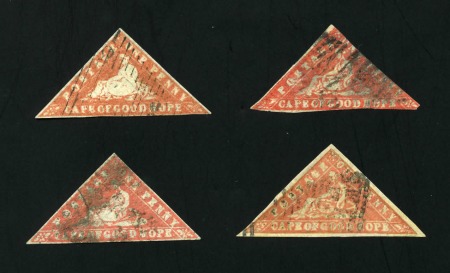 1861 1d Woodblock used group of four in different shades, each with various faults or repairs