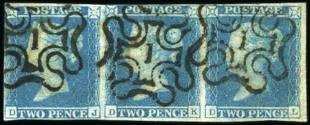 Stamp of Great Britain » 1841 2d Blue 1841 2d Blue pl.3 DJ-DL strip of three, very close to large margins, with DJ showing "J" flaw and neatly cancelled by London "1" in MCs