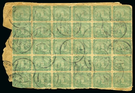 10pa green, block of thirty, tied on large envelope fragment