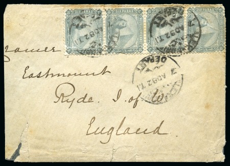 1882 Envelope franked with a vertical strip of four 10p pale slate tied by Alexandrie cds