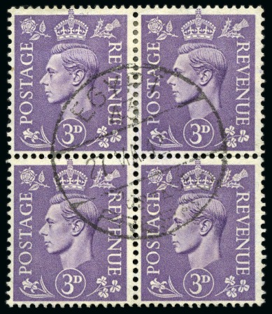 1942 GB 1/2d to 3d King George V in block of fours cancelled centrally with "EGYPT/PRE PAID" cds