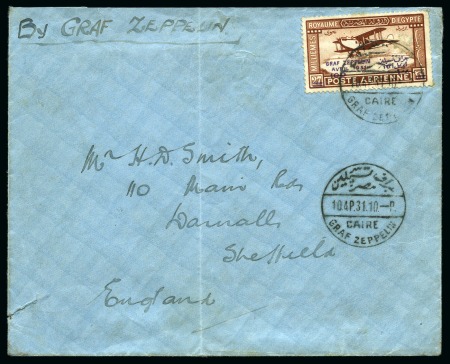Stamp of Egypt » Airmails 1931 Envelope franked with airmail definitive surcharged overprint 100m on 27m orange-brow