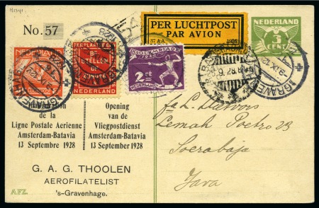 1928 (Sep 9) First Flight Netherlands-Dutch Indies, 3c postal stationery card uprated incl. Olympic 2c