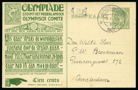 1928 Amsterdam 5c official postal stationery card by Huygens (Serie A. 1001-2000), cancelled by Groningen cds