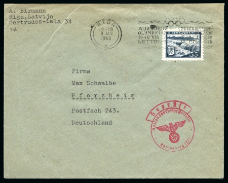 1940 (Jan 9) Envelope from Latvia with franking tied by "AUX JEUX OLYMPIQUES 1940 VIA LETTONIE" bilingual slogan cancel