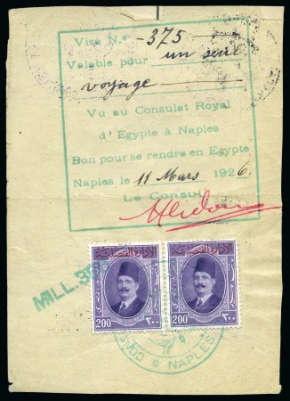 Stamp of Egypt » Revenues PASSPORT TAX: 1923-24 Revenue 200m mauve, two singles,
