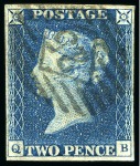 1840 2d Blue QB with fine to good margins, neatly cancelled by 1844-type "25" London numeral