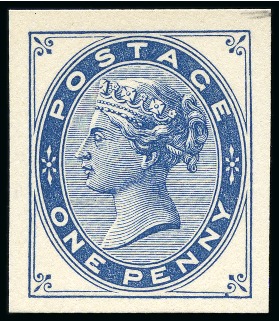 1879 Tender Essays group of four imperforate plate proofs for a new 1d stamp by Charles Skipper and East, in blue, scarlet, green and lilac