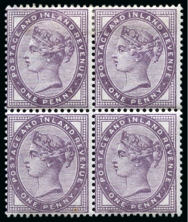 Stamp of Great Britain » 1855-1900 Surface Printed » 1880-81 Provisional Issue and 1881 1d Lilac 1881 1d Lilac die II mint block of four showing, bottom pair mint nh and both showing damage to the bottom frame line