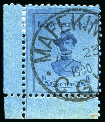 1900 Baden Powell 3d pale blue on blue, 18.5mm wide, lower left corner marginal cancelled by Mafeking AP 23 1900 cds