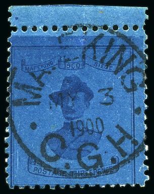 Stamp of South Africa » Mafeking 1900 Baden Powell 3d deep blue on blue, 21mm wide, cancelled by Mafeking MY 3 1900 cd