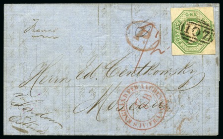 Stamp of Great Britain » 1847-54 Embossed 1853 (Mar 15) Wrapper from Bradford (Yorkshire) to London to Russia with 1847-54 1s green die I