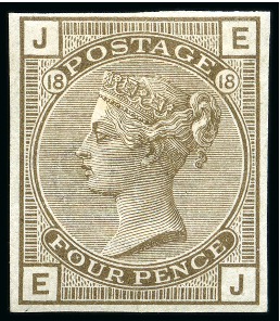 Stamp of Great Britain » 1855-1900 Surface Printed » 1880-83 Large Coloured Corner Letters, Wmk Imperial Crown 1880-83 4d Grey-Brown pl.18 EJ imperforate imprimatur, mint og