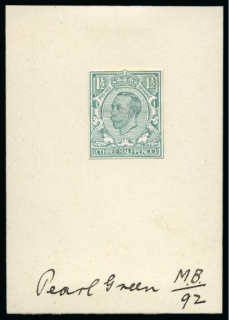 Stamp of Great Britain » King George V » 1911-12 Downey Head Issues 1911 1 1/2d Engraver's sketch die with die 2 Head, printed in pearl-green on thin card, cut close and mounted on thick card