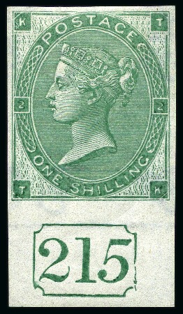 Stamp of Great Britain » 1855-1900 Surface Printed » 1862-64 Small Uncoloured Corner Letters 1862-64 1s Deep Green pl.3 (numbered 2) TK ABNORMAL imperforate imprimatur, lower marginal with current number "215"