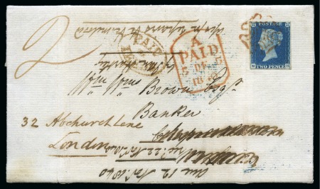 1840 (Dec 3) Entire from Settle to Leeds and prepaid in cash, then re-directed to London with the addition of 1840 2d blue pl.1