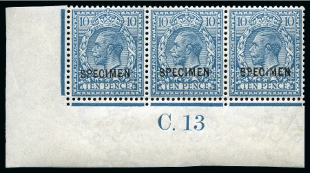 Stamp of Great Britain » King George V » 1912-24 Profile Head Issues 1912-24 Royal Cypher 10d turquoise-blue mint og lower left corner marginal C.13 control strip of three overprinted "SPECIMEN" type 26