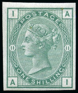 Stamp of Great Britain » 1855-1900 Surface Printed » 1873-80 Large Coloured Corner Letters, Wmk Small Anchor & Orbs 1873-80 1s Green pl.11 AI imperforate imprimatur
