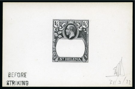 Stamp of St. Helena 1922 De La Rue die proof of the frame for 1922-37 "Badge" 1s6d value in black on glazed card