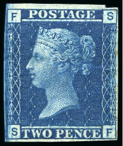 1858 2d Blue pl.12, imperforate imprimatur, lettered SF, ex Royal Philatelic Collection 