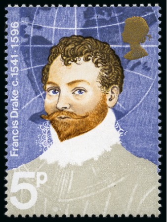 Stamp of Great Britain » Queen Elizabeth II 1973 5p Explorers with grey black Francis Drake's Jacket omitted, mint never hinged