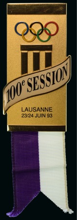 Stamp of Olympics » Pierre de Coubertin and the IOC 1993 IOC Congress in Lausanne participation badge with purple and white striped ribbon