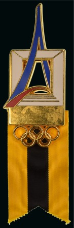 1994 IOC Congress in Paris: Badge in the shape of the Congress logo with yellow and black striped ribbon,