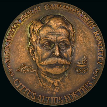 1994 Centenary: IOC medal, 60mm, bronze, in Cyrillic, showing Pierre de Coubertin bordered with "INTERNATIONAL OLYMPIC COMMITTEE" in Cyrillic