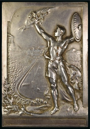 1906 Athens silvered bronze plaque depicting a victorious athlete in front of the Olympic Stadium