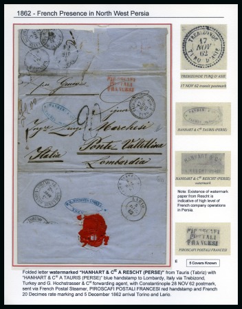 Stamp of Persia » Postal History 1862 French Presence in North West Persia, an album page written up with entire French commercial mail from Persia to Italy