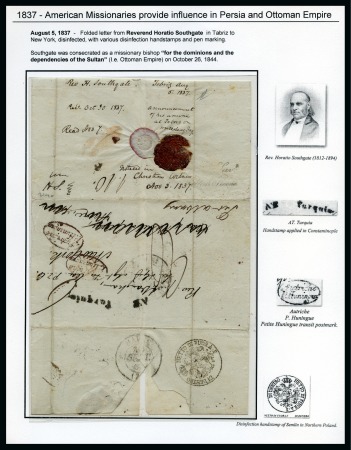 Stamp of Persia » Postal History 1837 American Missionaries in Persia and Ottoman, an album page written up with a wrapper AUG 5 37 from Reverend Horatio Southgate in Tabriz to New York