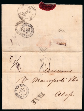 Stamp of Egypt » Egyptian Post Offices Abroad » Consular Offices » Alexandretta 1871 (1.4) Cover from Smirne to Aleppo via Alexandria and Alexandrette, unfranked and taxed with postage due marking of 80 paras