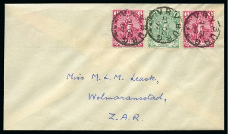 Stamp of South Africa » Vrybrug 1899 (Oct 21) Envelope SENT ON THE FIRST DAY OF BOER OCCUPATION, franked with COGH 1893-1902 1/2d and two 1d tied by Vryburg cds