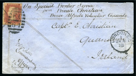 Stamp of South Africa » Cape of Good Hope 1877 Envelope endorsed "On Special Frontier Service / from Private Christian / Prince Alfred's Volunteer Guards" at top and countersigned at lower left at Fort Bowker in Gcalekaland