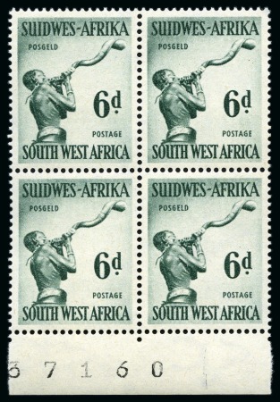 Stamp of South West Africa 1954 6d Myrtle Green with WATERMARK REVERSED in mint nh lower marginal block of four with sheet number